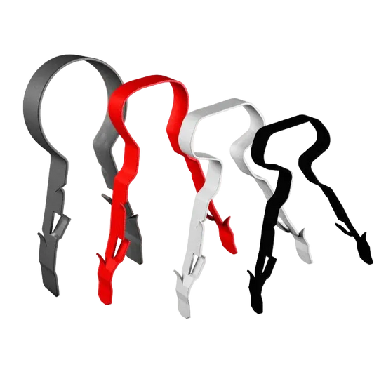 Four metal strap-like hardware pieces shown on a white background, in gray, red, white, and black. No person, animal, or real environment is present, so this is Product/Packaging.