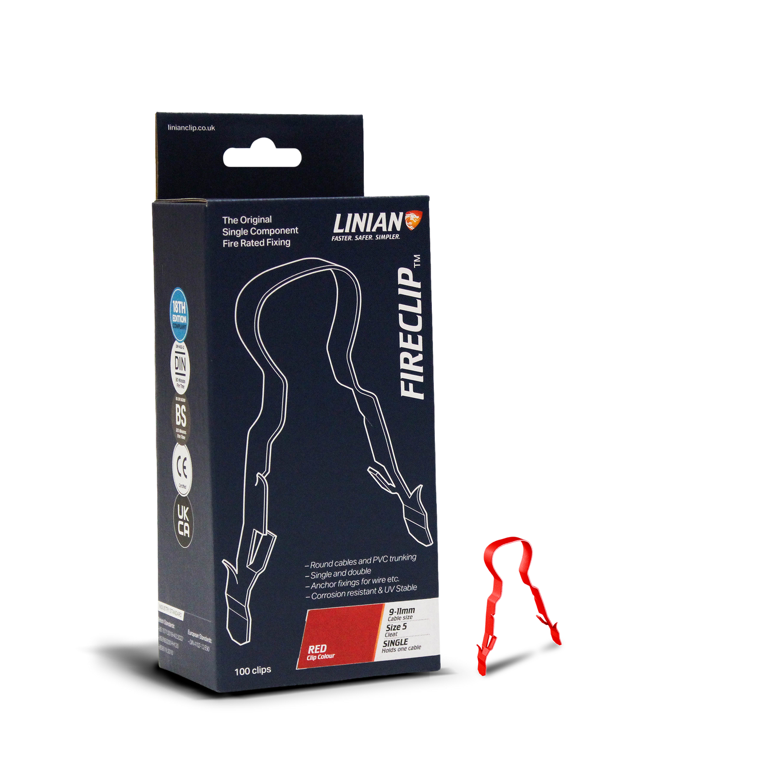 A box of LINIAN Fireclips with no background with a single ref Fireclip standing upright next to the box