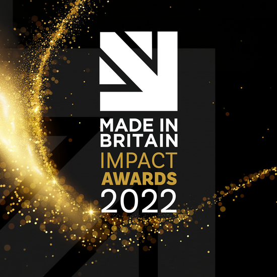 Made in Britain impact awards 2022 in white and gold text with a black background and gold bokeh effect in a swirl